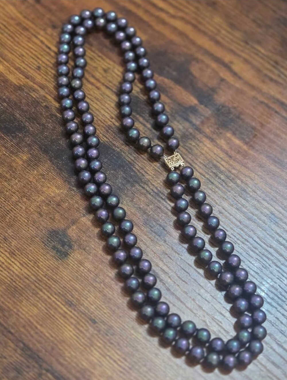 Double Strand Black Pearl Necklace with Gold Clasp